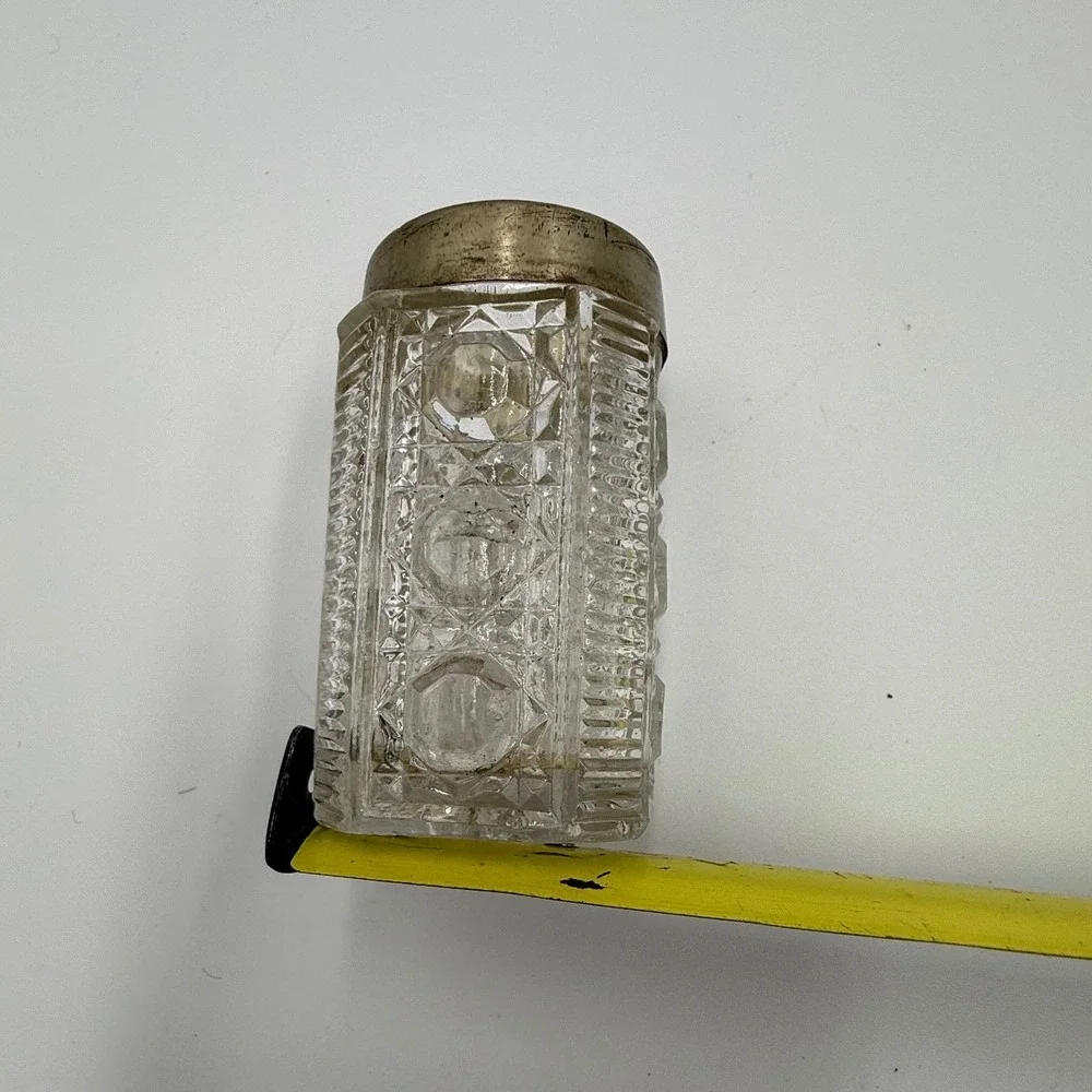 Vintage Antique Cut Glass Vanity Dresser Pot Jar Silver Tone Victorian Starburst